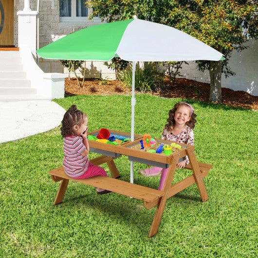 3-in-1 Kids Outdoor Picnic Water Sand Table with Umbrella Play Boxes at Set Shop and Smile