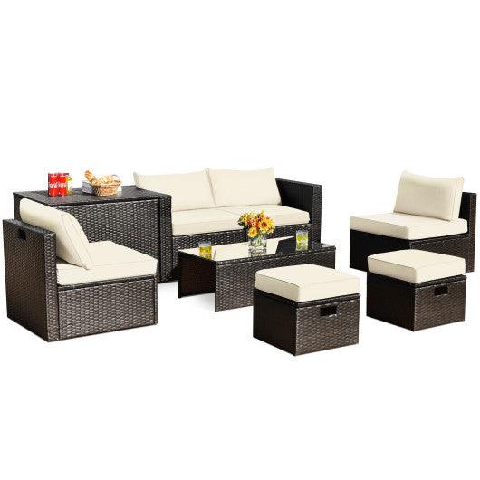 8 Pieces Patio Space-Saving Rattan Furniture Set with Storage Box and Waterproof Cover-White at Set Shop and Smile