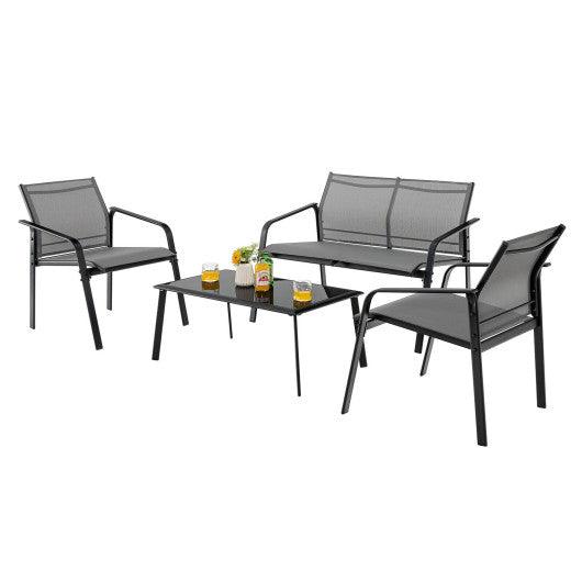 4 Pieces Patio Furniture Set with Armrest Loveseat Sofas and Glass Table Deck-Gray at Set Shop and Smile