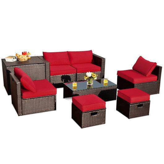 8 Pieces Patio Space-Saving Rattan Furniture Set with Storage Box and Waterproof Cover-Red at Set Shop and Smile