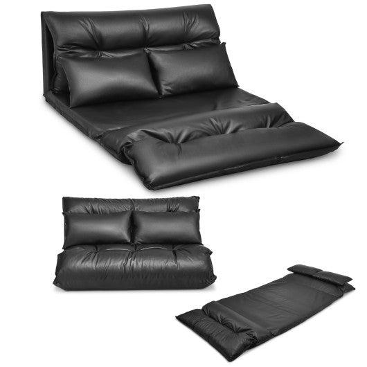 Foldable PU Leather Leisure Floor Sofa Bed with 2 Pillows-Black at Set Shop and Smile