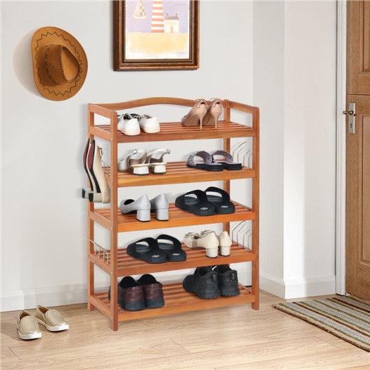 5-Tier Acacia Wood Shoe Rack with Side Metal Hooks at Set Shop and Smile