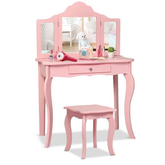 Kids Makeup Dressing Mirror Vanity Table Stool Set-Pink at Set Shop and Smile
