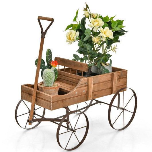 Wooden Wagon Plant Bed With Wheel for Garden Yard-Brown at Set Shop and Smile