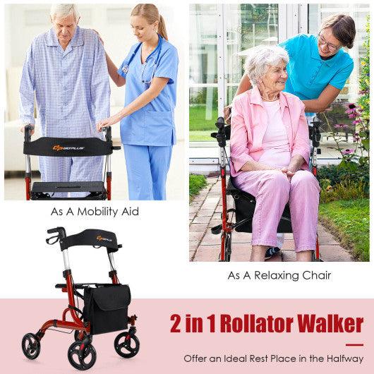 Folding Aluminum Rollator Walker with 8 inch Wheels and Seat-Red at Set Shop and Smile