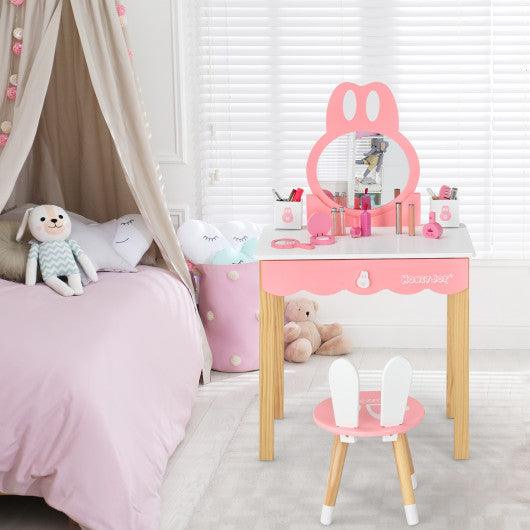 Kids Vanity Set Rabbit Makeup Dressing Table Chair Set with Mirror and Drawer-White at Set Shop and Smile