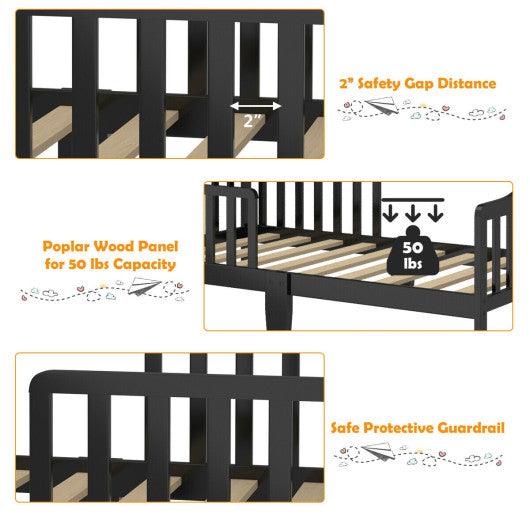 Classic Design Kids Wood Toddler Bed Frame with Two Side Safety Guardrails-Black at Set Shop and Smile