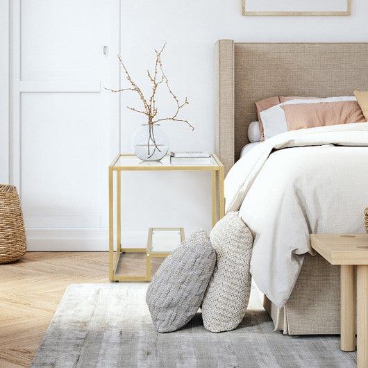 22 Inch 2-Tier Square Sofa Side Table with Tempered Glass Tabletop-Golden at Set Shop and Smile