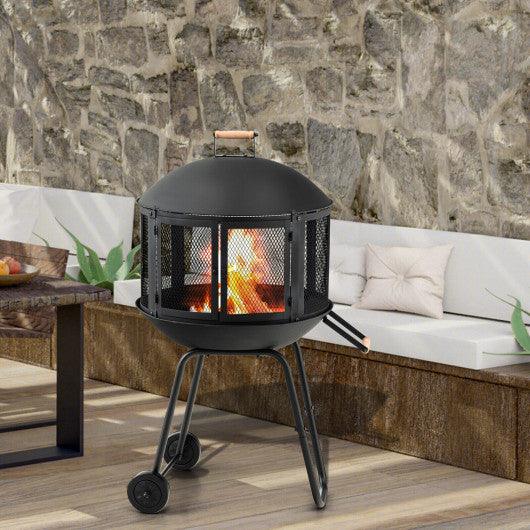 28 Inch Portable Fire Pit on Wheels with Log Grate-Black at Set Shop and Smile