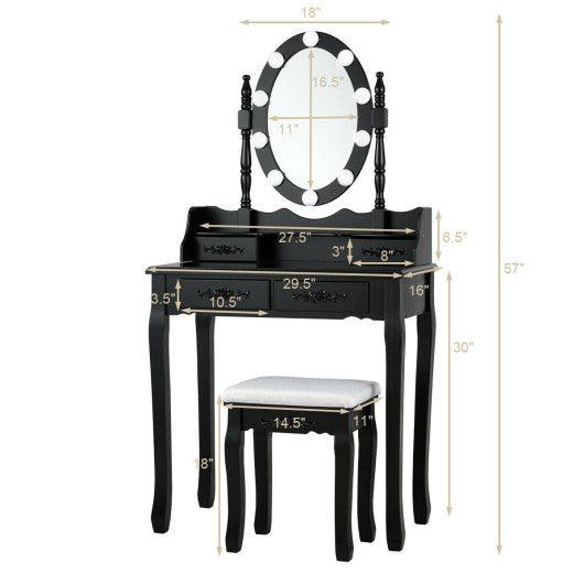 Makeup Dressing Table with Touch Switch Lighted Mirror and Cushioned Stool-Black at Set Shop and Smile