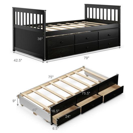 Twin Captain’s Bed with Trundle and 3 Storage Drawers-Dark Brown at Set Shop and Smile