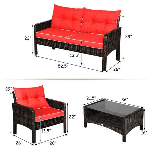 4 Pieces Outdoor Rattan Wicker Loveseat Furniture Set with Cushions-Red at Set Shop and Smile