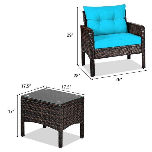3 Pcs Outdoor Patio Rattan Conversation Set with Seat Cushions-Turquoise at Set Shop and Smile