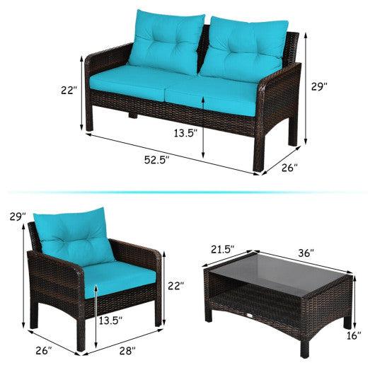 4 Pieces Outdoor Rattan Wicker Loveseat Furniture Set with Cushions-Turquoise at Set Shop and Smile