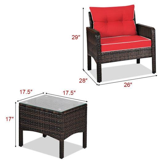 3 Pcs Outdoor Patio Rattan Conversation Set with Seat Cushions-Red at Set Shop and Smile