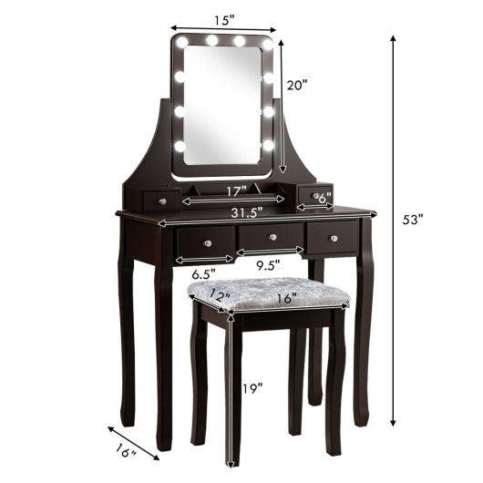 Vanity Dressing Table Set with 10 Dimmable Bulbs and Cushioned Stool-Brown at Set Shop and Smile