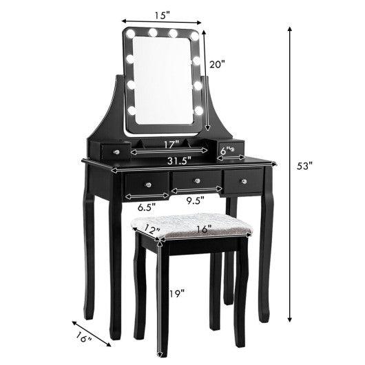 Vanity Dressing Table Set with 10 Dimmable Bulbs and Cushioned Stool-Black at Set Shop and Smile