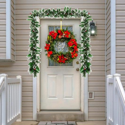 9 Feet Pre-lit Snow Flocked Tips Christmas Garland with Red Berries at Set Shop and Smile