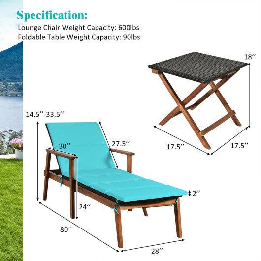 3 Pieces Portable Patio Cushioned Rattan Lounge Chair Set with Folding Table-Turquoise at Set Shop and Smile