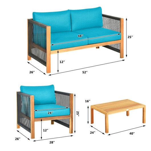 4 Pcs Acacia Wood Outdoor Patio Furniture Set with Cushions-Turquoise at Set Shop and Smile