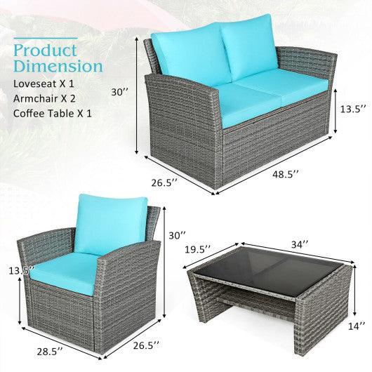 4 Pieces Patio Rattan Furniture Set Sofa Table with Storage Shelf Cushion-Turquoise at Set Shop and Smile