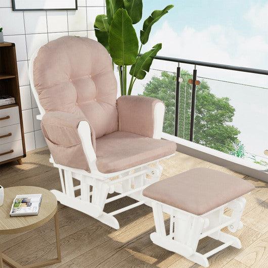 Wood Glider and Ottoman Set with Padded Armrests and Detachable Cushion-Pink at Set Shop and Smile