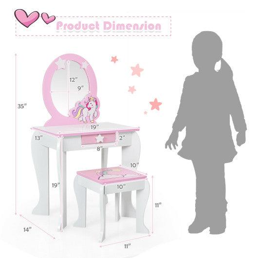 Kids Wooden Makeup Dressing Table and Chair Set with Mirror and Drawer-White at Set Shop and Smile