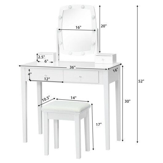 Vanity Table Set with Lighted Mirror for Bedroom and Dressing Room-White at Set Shop and Smile