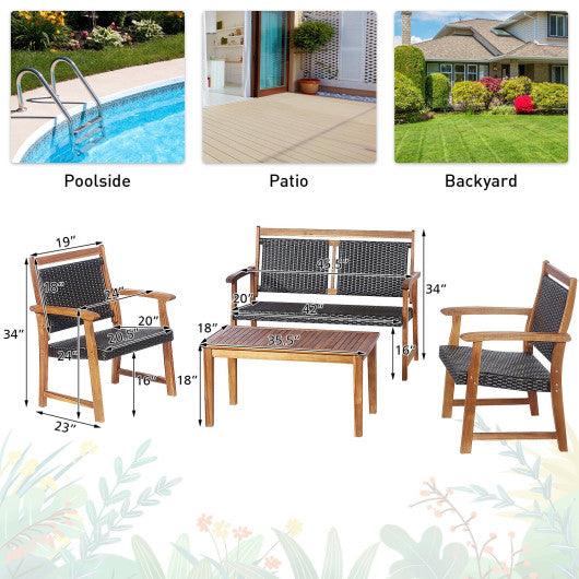 4 Pieces Outdoor Patio Rattan Furniture Sofa Set with Acacia Wood Frame at Set Shop and Smile