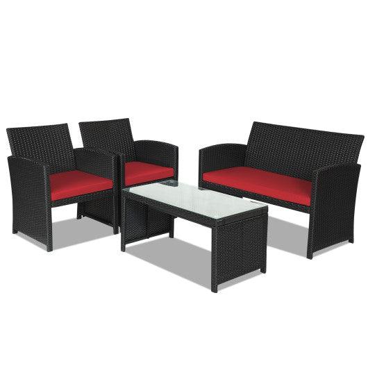 4 Pieces Rattan Patio Furniture Set with Weather Resistant Cushions and Tempered Glass Tabletop-Red at Set Shop and Smile