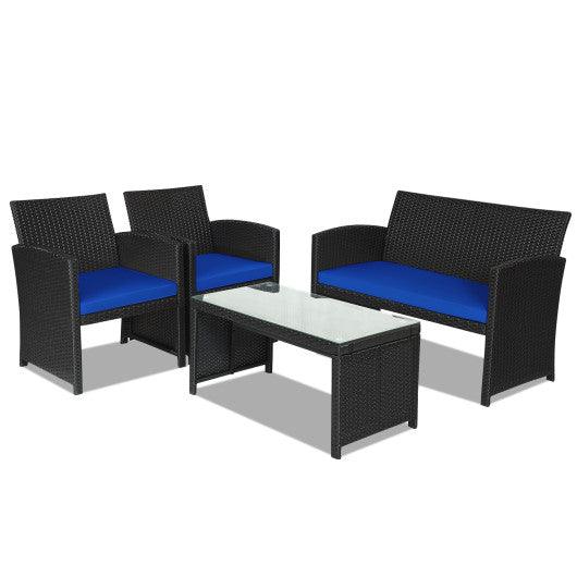 4 Pieces Rattan Patio Furniture Set with Weather Resistant Cushions and Tempered Glass Tabletop-Navy at Set Shop and Smile