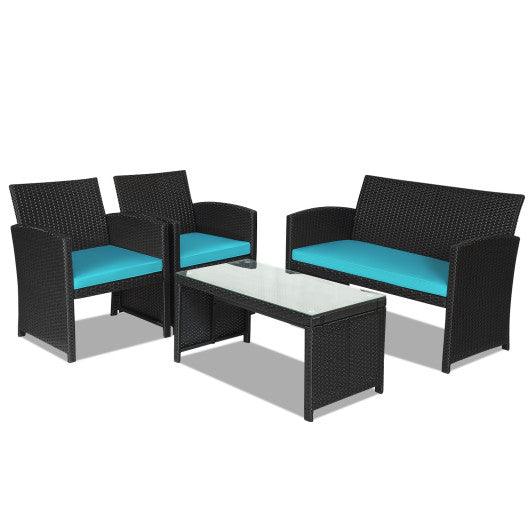 4 Pieces Rattan Patio Furniture Set with Weather Resistant Cushions and Tempered Glass Tabletop-Turquoise at Set Shop and Smile