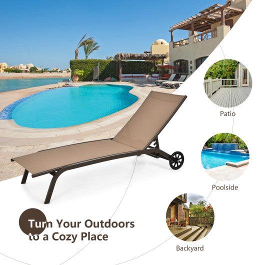 6-Poisition Adjustable Outdoor Chaise Recliner with Wheels-Brown at Set Shop and Smile