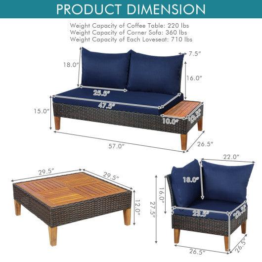 4 Pieces Patio Cushioned Rattan Furniture Set with Wooden Side Table-Navy at Set Shop and Smile
