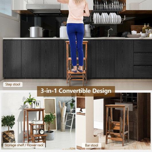 3-in-1 Rubber Wood 3 Tier Folding Step Stool Ladder Storage Shelf-Coffee at Set Shop and Smile
