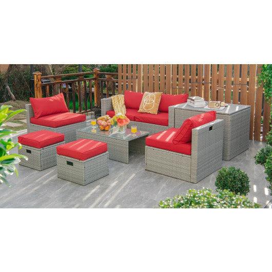 8 Pieces Patio Rattan Furniture Set with Storage Waterproof Cover and Cushion-Red at Set Shop and Smile