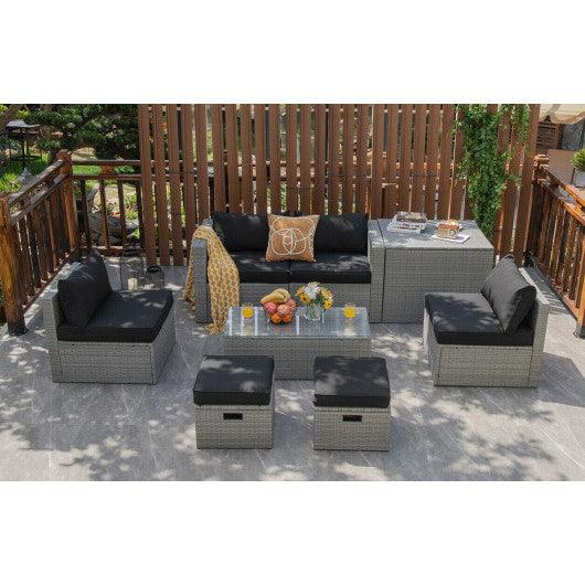 8 Pieces Patio Rattan Furniture Set with Storage Waterproof Cover and Cushion-Black at Set Shop and Smile