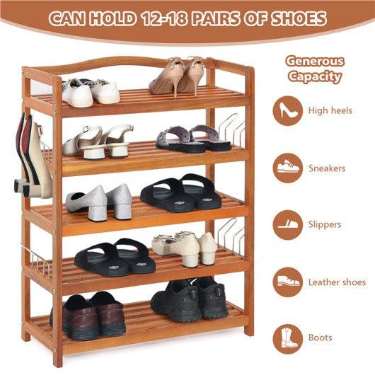 5-Tier Acacia Wood Shoe Rack with Side Metal Hooks at Set Shop and Smile