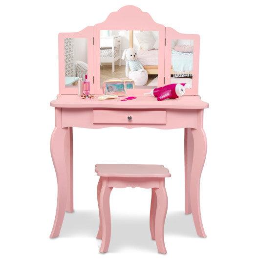 Kids Makeup Dressing Mirror Vanity Table Stool Set-Pink at Set Shop and Smile