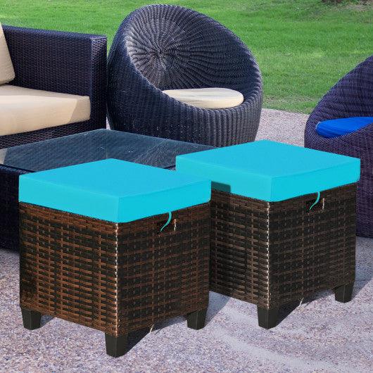 2PCS Patio Rattan Ottoman Cushioned Seat-Turquoise at Set Shop and Smile