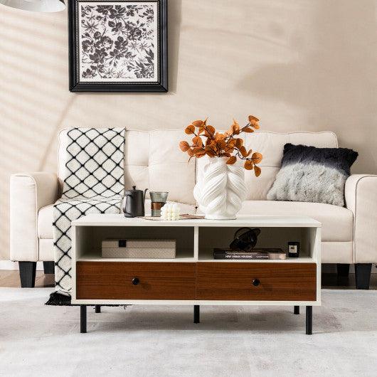 2 Tier 40 Inch Length Modern Rectangle Coffee Table with Storage Shelf and Drawers-White at Set Shop and Smile