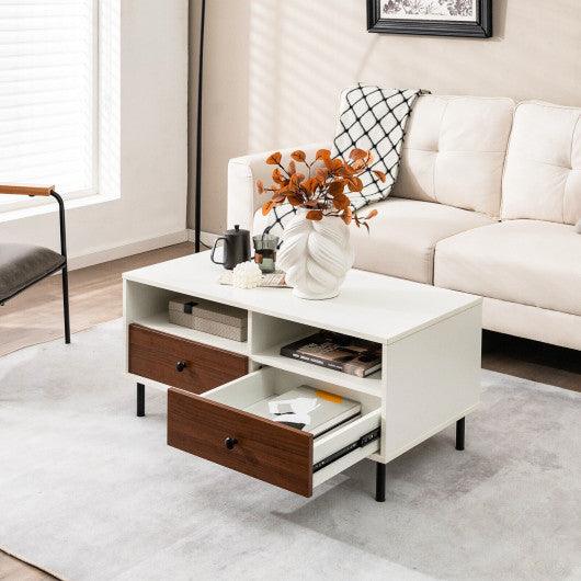 2 Tier 40 Inch Length Modern Rectangle Coffee Table with Storage Shelf and Drawers-White at Set Shop and Smile