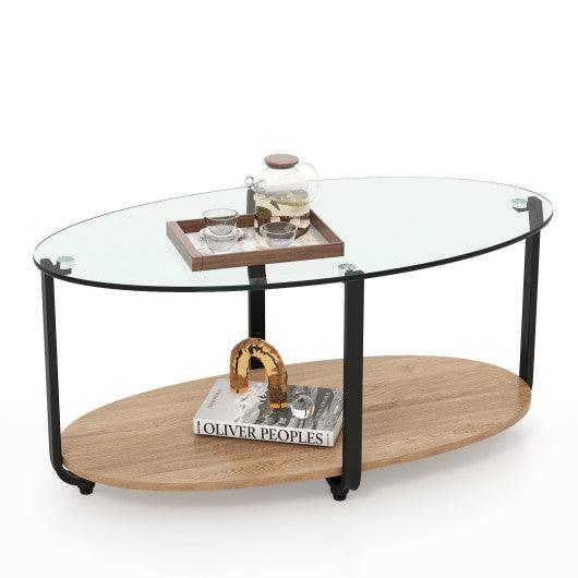 2-Tier Glass-Top Oval Coffee Table with Wooden Shelf for Living Room at Set Shop and Smile