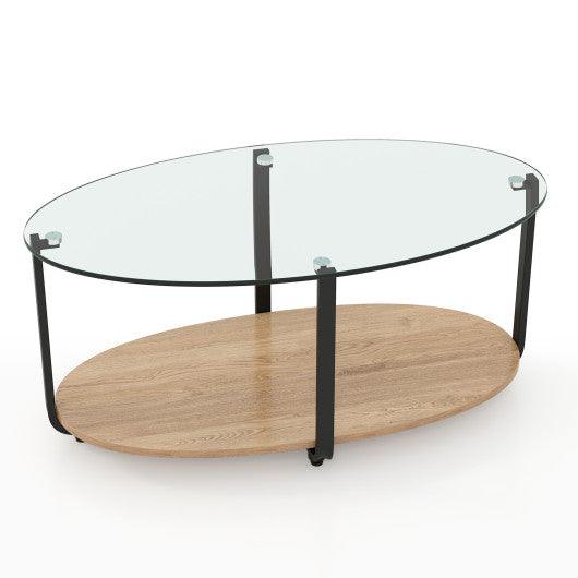 2-Tier Glass-Top Oval Coffee Table with Wooden Shelf for Living Room at Set Shop and Smile