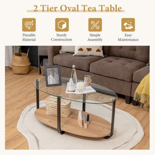 2-Tier Glass-Top Oval Coffee Table with Wooden Shelf for Living Room at Set Shop and Smile