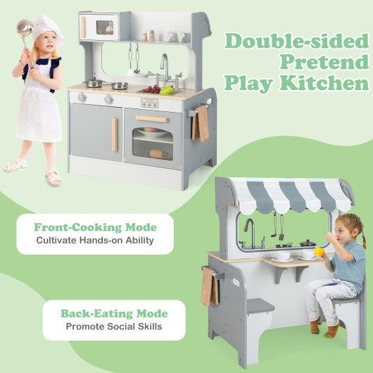 Double Sided Kids Pretend Kitchen Playset with 2-Seat Cafe-Gray at Set Shop and Smile