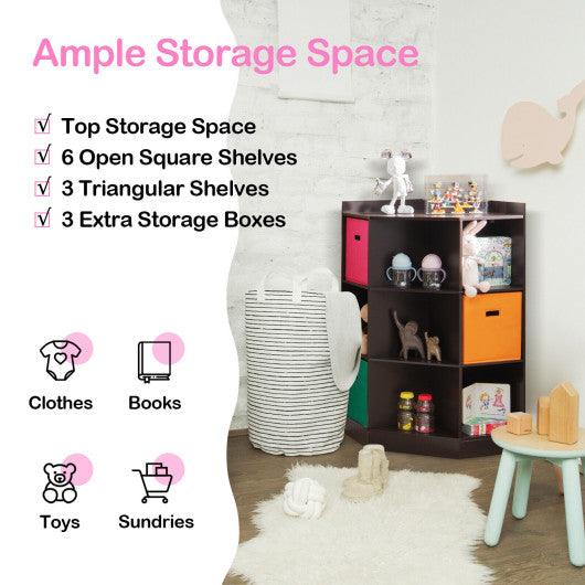3-Tier Kids Storage Shelf Corner Cabinet with 3 Baskets-Brown at Set Shop and Smile
