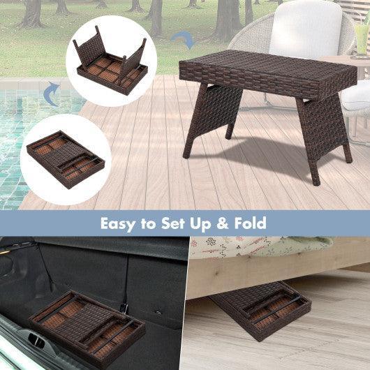 Folding PE Rattan Side Coffee Table Patio Garden Furniture-Brown at Set Shop and Smile