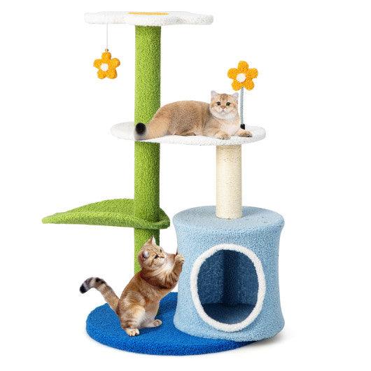 34.5 Inch 4-Tier Cute Cat Tree with Jingling Balls and Condo-Blue at Set Shop and Smile