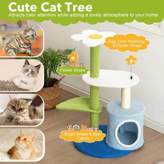 34.5 Inch 4-Tier Cute Cat Tree with Jingling Balls and Condo-Blue at Set Shop and Smile
